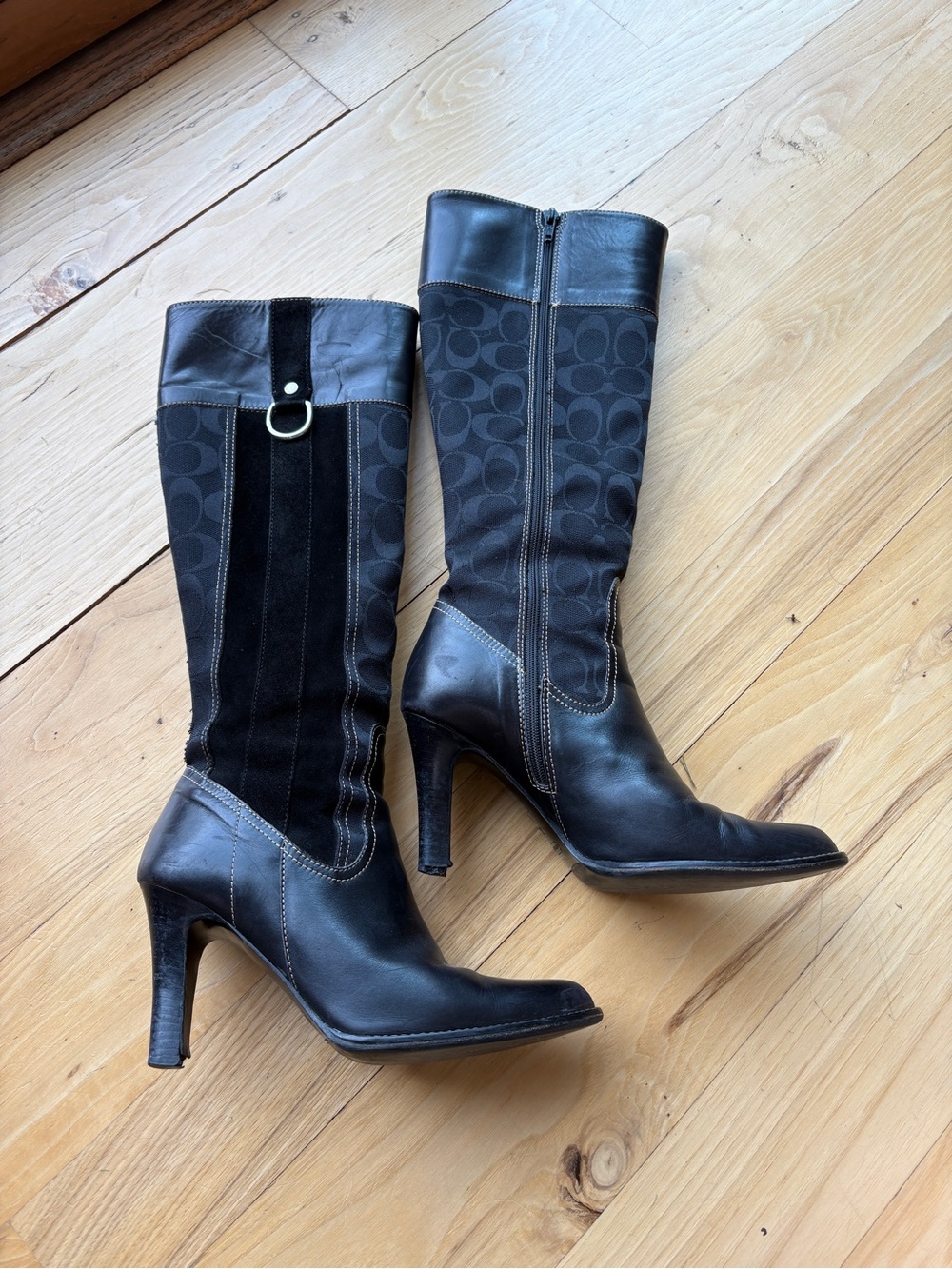 Coach Black Leather & Signature Canvas Mid-Calf Heeled Boots